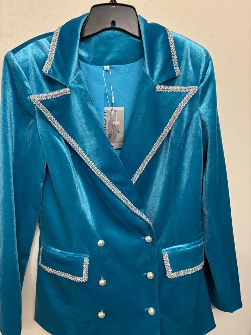 Teal Satin Double-Breasted Blazer with Pearl Buttons